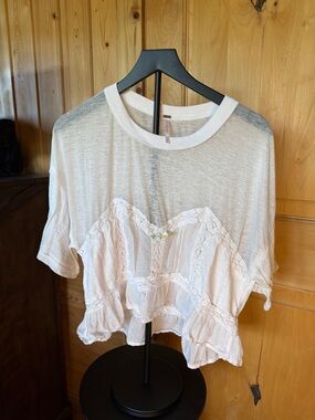 Free People White Lace-Trim Cropped Tee